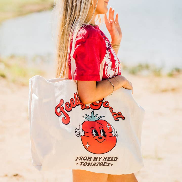 Große Tragetasche aus Leinen von Feeling Good From My Head Tomatoes für den Großhandel von Trendy Tee Co.