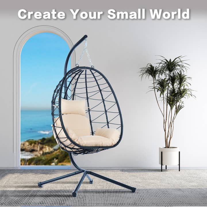39F Inc. - Wholesale Egg Chair - Beige Wicker Hanging Egg Chair with Stand for Indoor Outdoor4