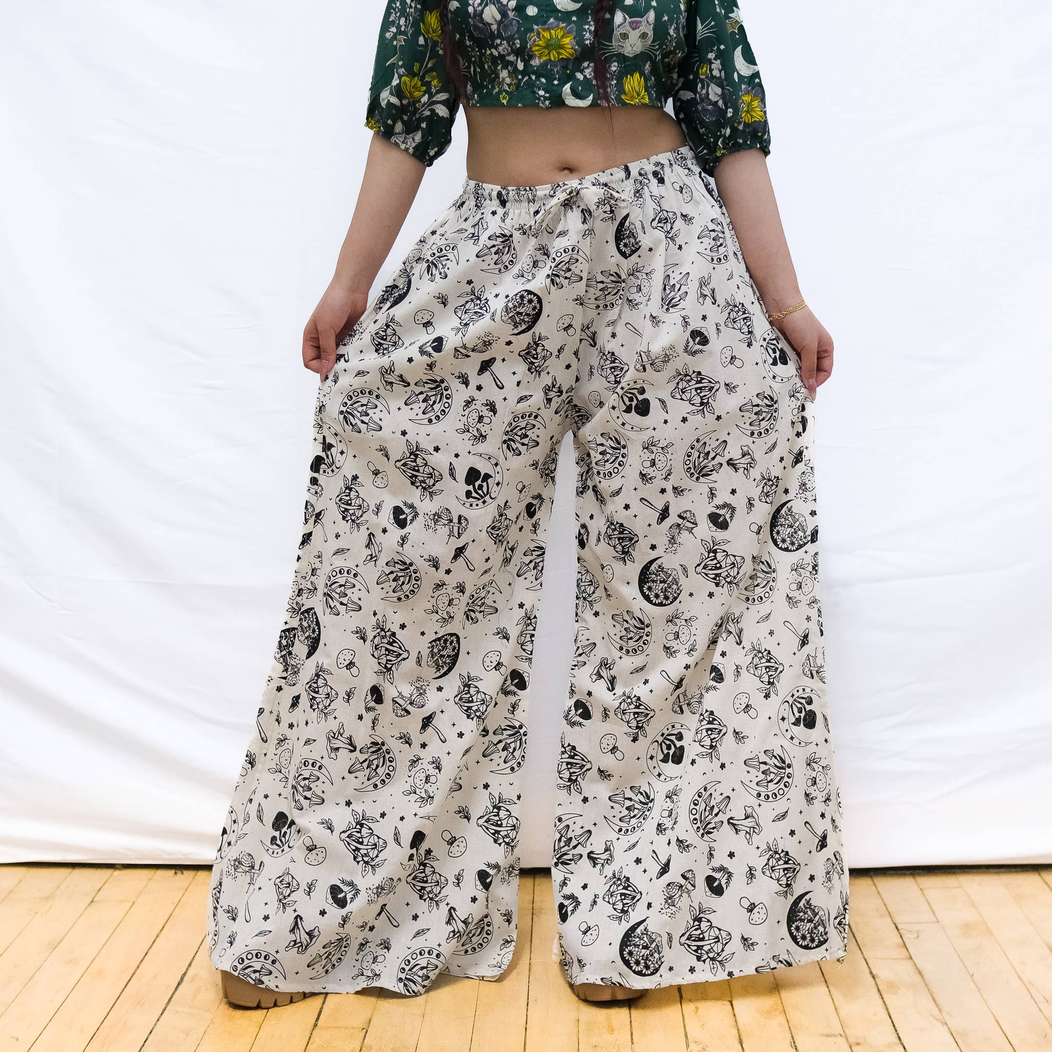 Karma Nepal Crafts - Wholesale Pants - Women's - Flowy Mushroom/Celestial Wide Leg Cotton Pants with Pockets4