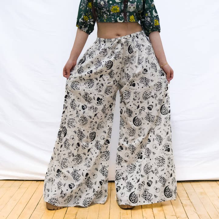 Karma Nepal Crafts - Wholesale Pants - Women's - Flowy Mushroom/Celestial Wide Leg Cotton Pants with Pockets4
