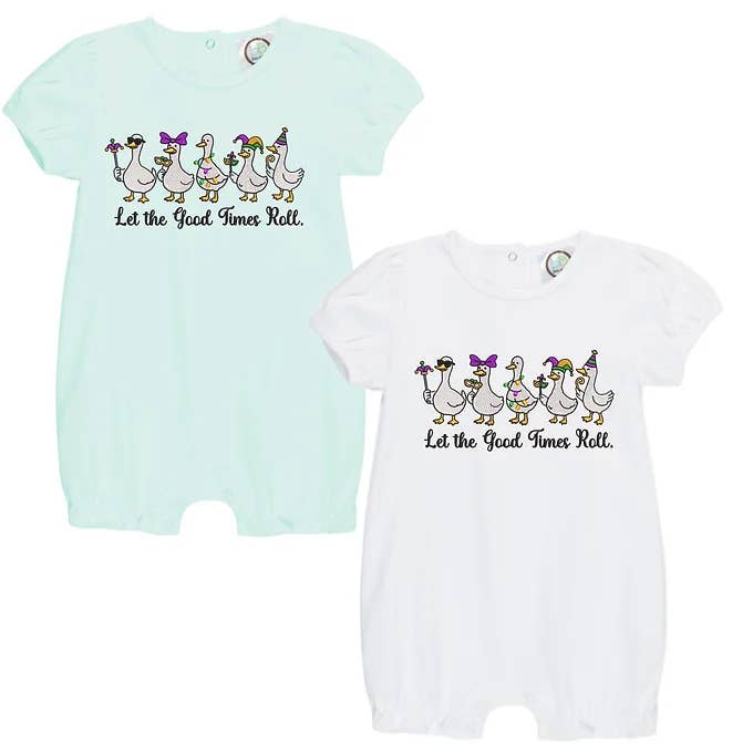MARDI GRAS GEESE SHORT ROMPER for wholesale by The Sassy Seamstress