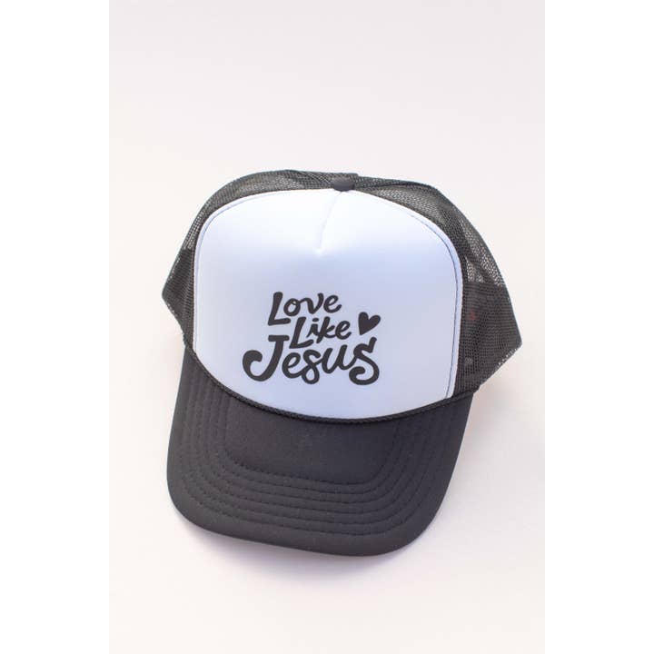 Black White Love Like Jesus Faith Trucker Hat Cap for wholesale on Faire