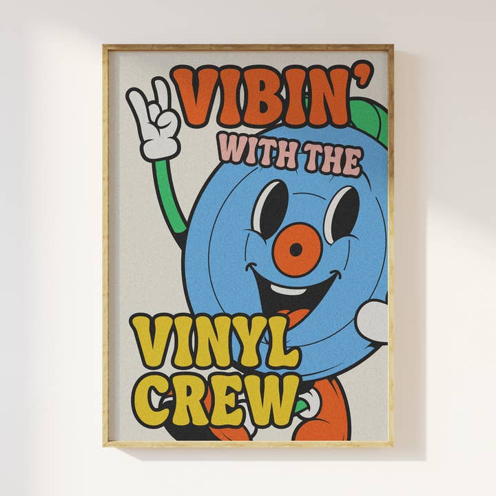 Vibin' With The Vinyl Crew Retro Character Print for wholesale by Mother & Sun Studio