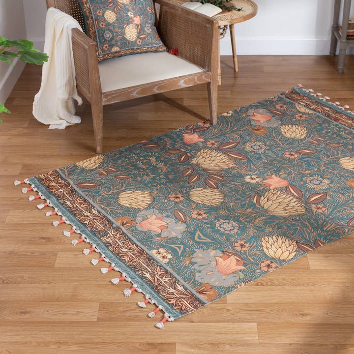 Bolais Floral Tasselled Indoor Rug Blue for wholesale on Faire