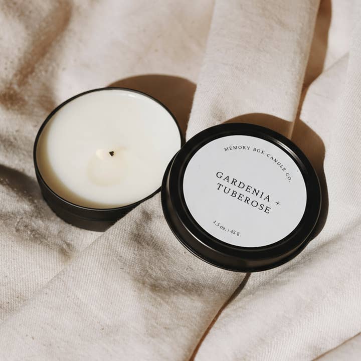 Memory Box Candle Co. - Wholesale Travel Candles - Soy Candle - Gardenia + Tuberose - 1.5 oz Black Travel Tin0