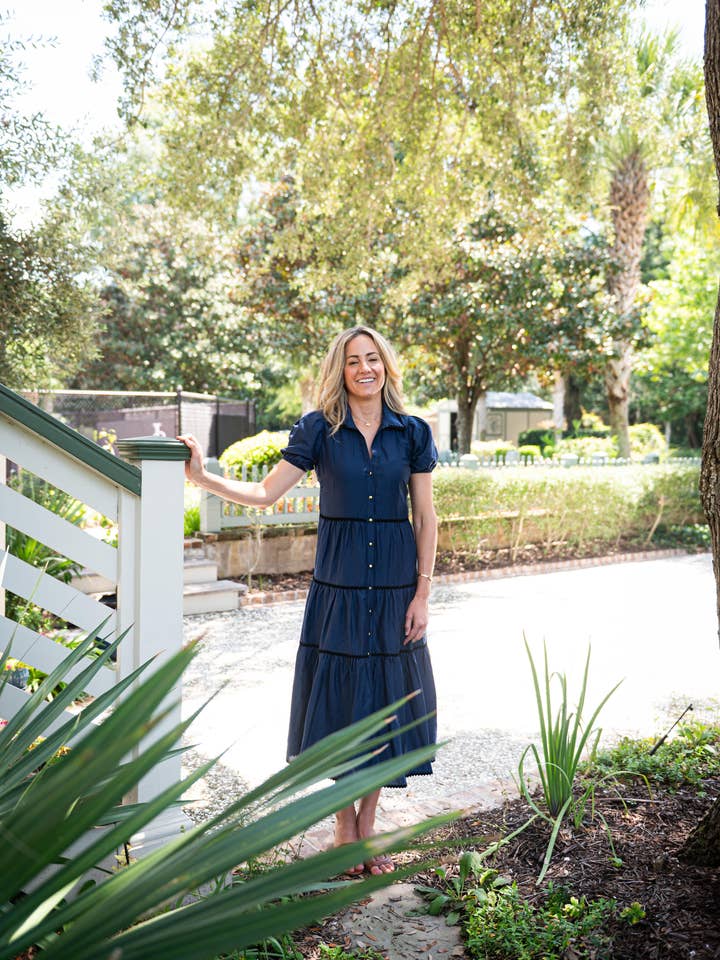 Navy Button Front Shirt Dress with Black Ric-Rac for wholesale on Faire3
