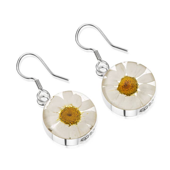 Silver Earrings (Drop) - Daisy - White. for wholesale by Shrieking Violet