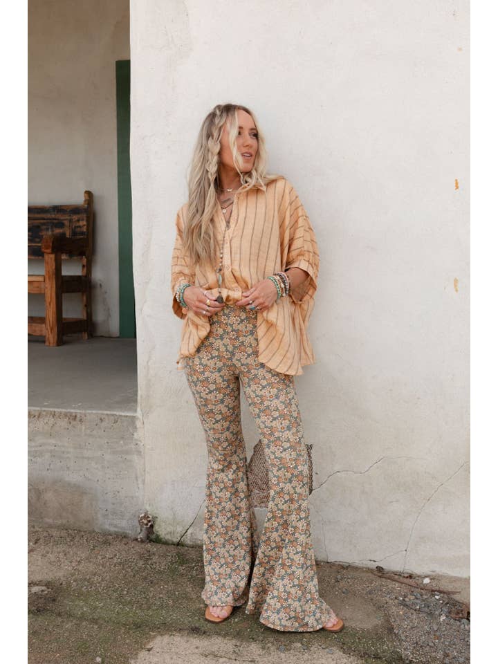 Three Bird Nest - Wholesale Pants - Women's - Dream in Flowers Flare Pants - Denim Khaki4