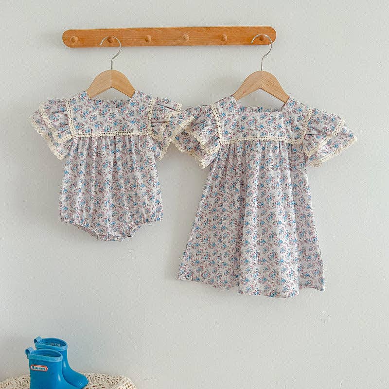 MyKids-USA® - Wholesale Dress - Kids - Arrival Girls Short Sleeves Square Neck Floral Pattern Dress And bodysuit – Princess Sister Matching Set2