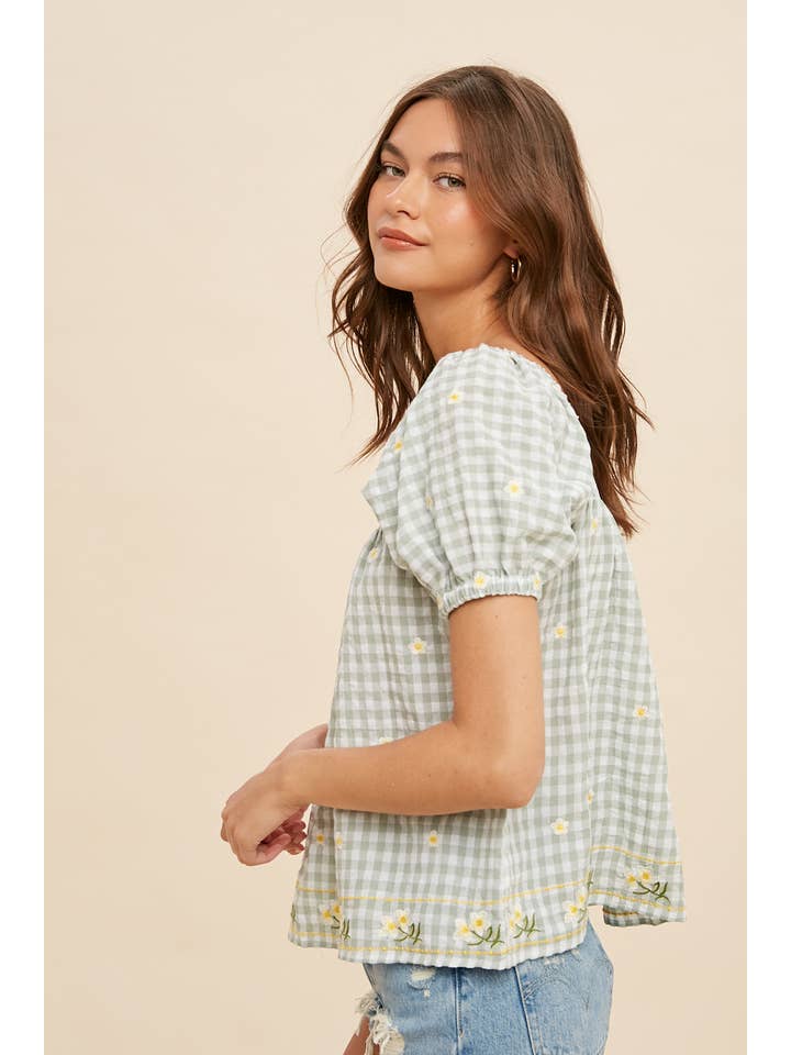 In Loom - Wholesale Blouse - Women's - FLORAL EMBROIDERY GINGHAM SMOCK BLOUSE8