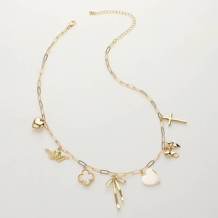 Sensibling Corp. - Wholesale Pendant/Charm Necklace - Bow Heart Cross Quatrefoil Angel Charm Station Necklace