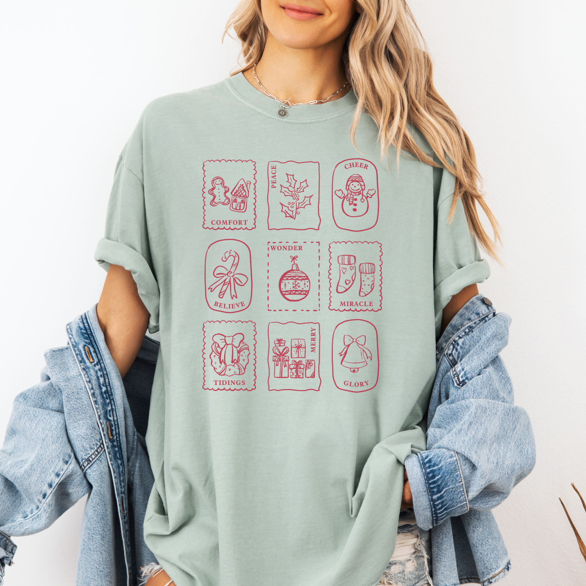 Scripted Pearl - Wholesale Screen Printed T-Shirt - Women's - Christmas Stamps Comfort Colors Holiday Graphic T Shirt4