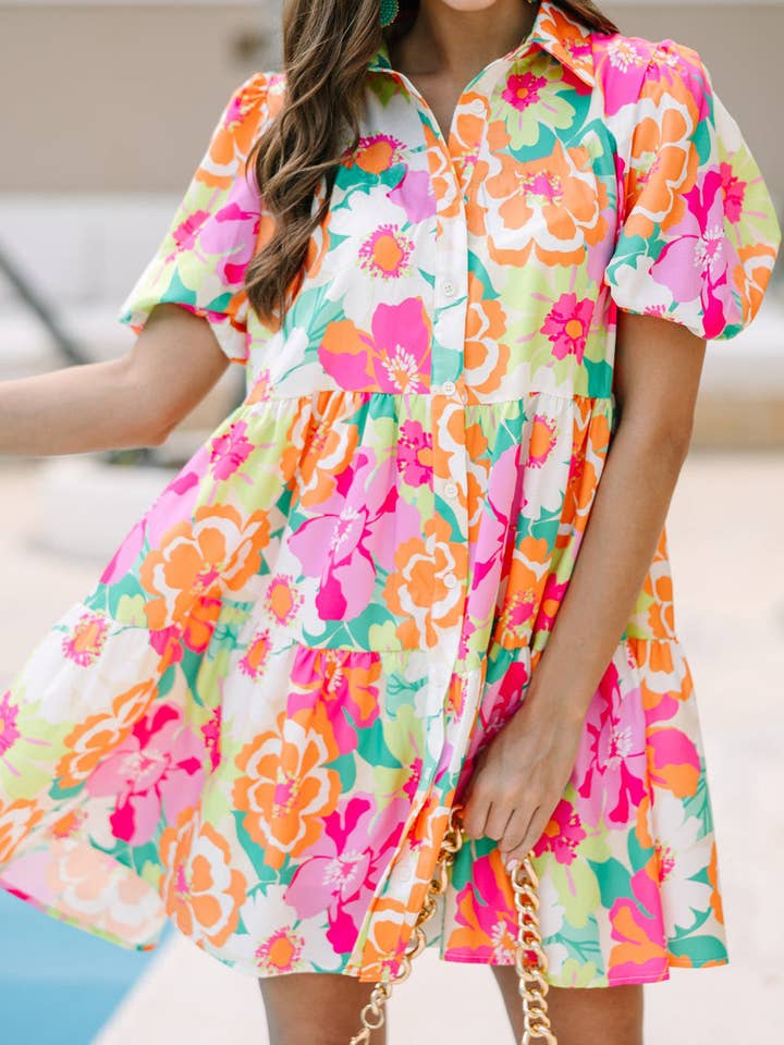 Lovesoft - Wholesale Dress - Women's - Floral Puff Sleeve Collar Buttoned Babydoll Dress
