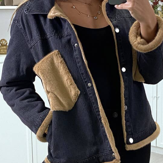 Denim jacket with camel faux fur S/M for wholesale by LS GROUP