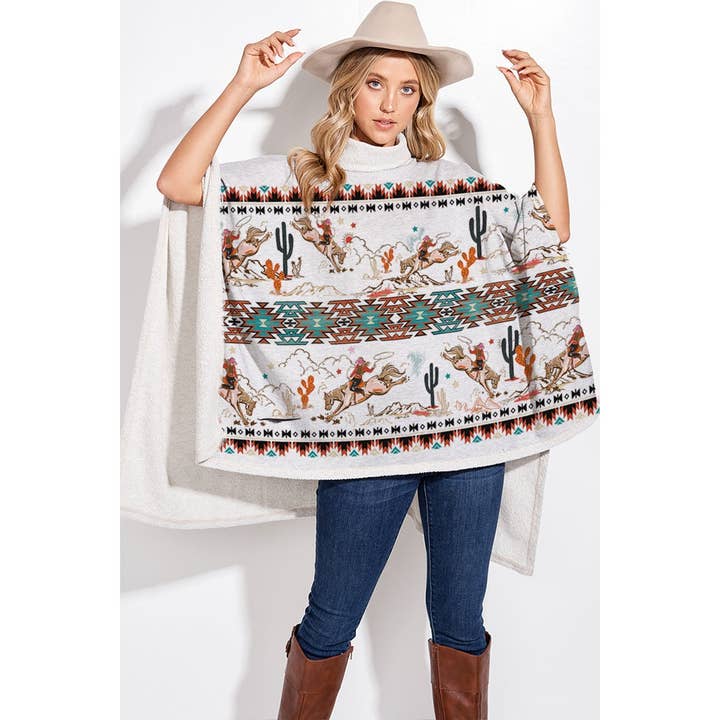 Phil Love - Venta al por mayor Poncho - Mujer - Poncho Rodeo Cowgirl con estampado azteca y cuello de tortuga