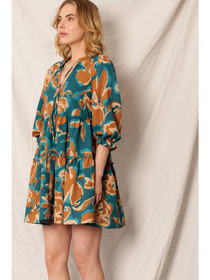 Teal Brown Printed 3/4 Sleeve Tiered Mini Dress for wholesale on Faire