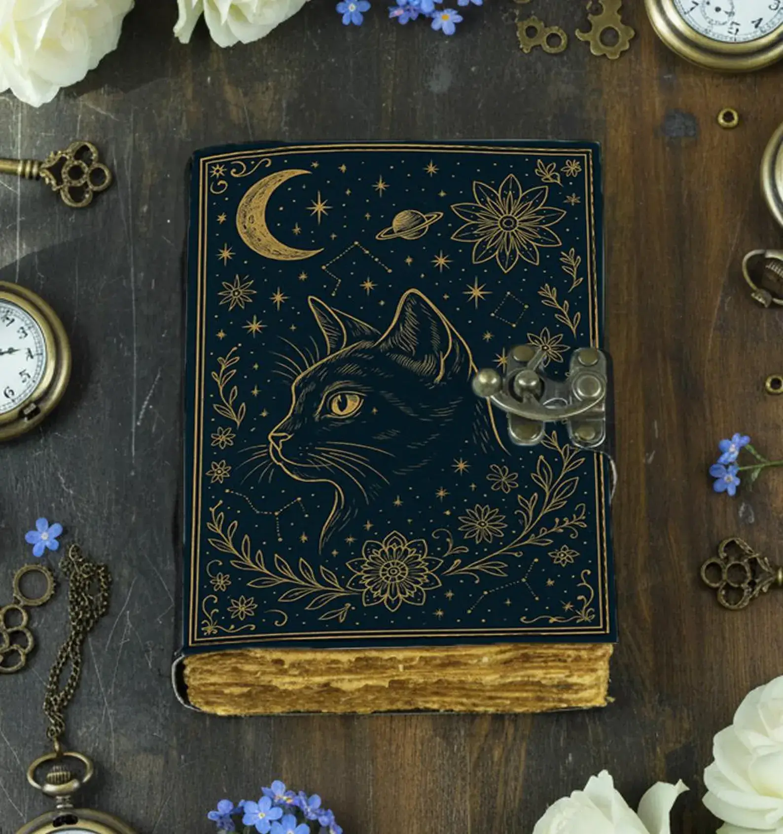 MNM HANDICRAFTS - Wholesale Journal/Diary - Celestial Cat Leather Journal  Handmade Witchy Grimoire Book4