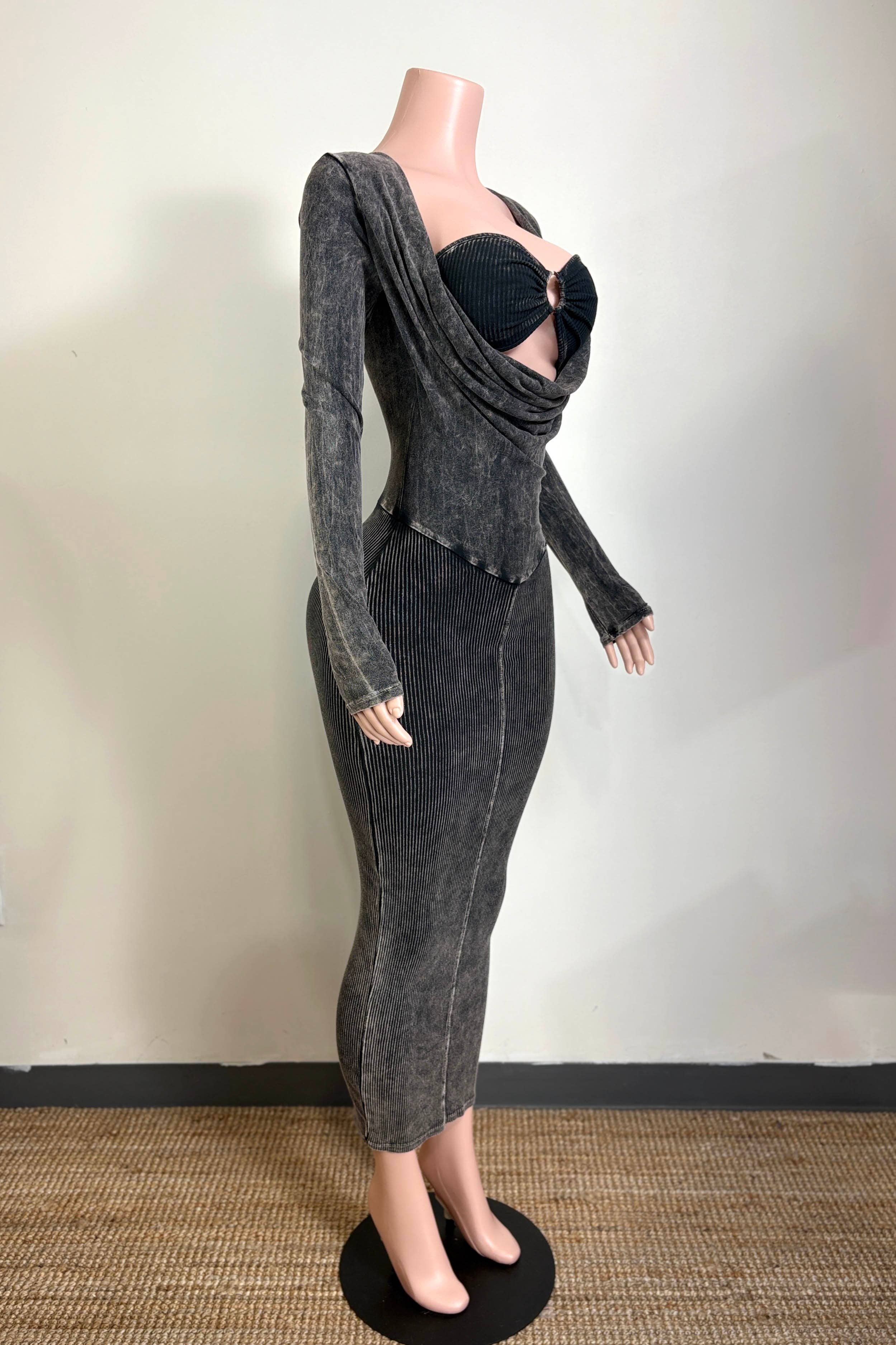 Dalia Studio - Wholesale Dress - Women's - MINERAL WASH FRONT O-RING COWL NECK MIDI DRESS1