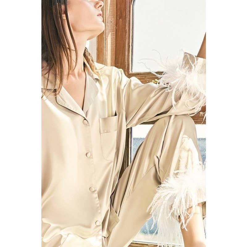 Paperdoll - Vente Haut et bas de pyjama – femme - Ensemble de pyjama Fashion en plumes d'autruche4