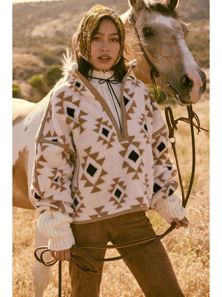 Promesa USA - Wholesale Knit Sweater - Women's - Geometric-Print Sherpa Fleece Half-Zip Pullover