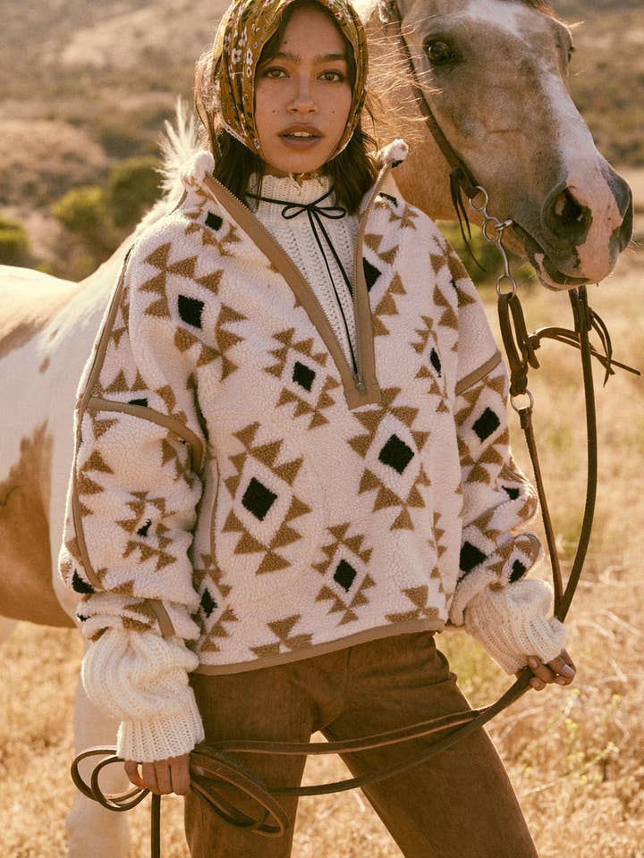 Geometric-Print Sherpa Fleece Half-Zip Pullover for wholesale by Promesa USA