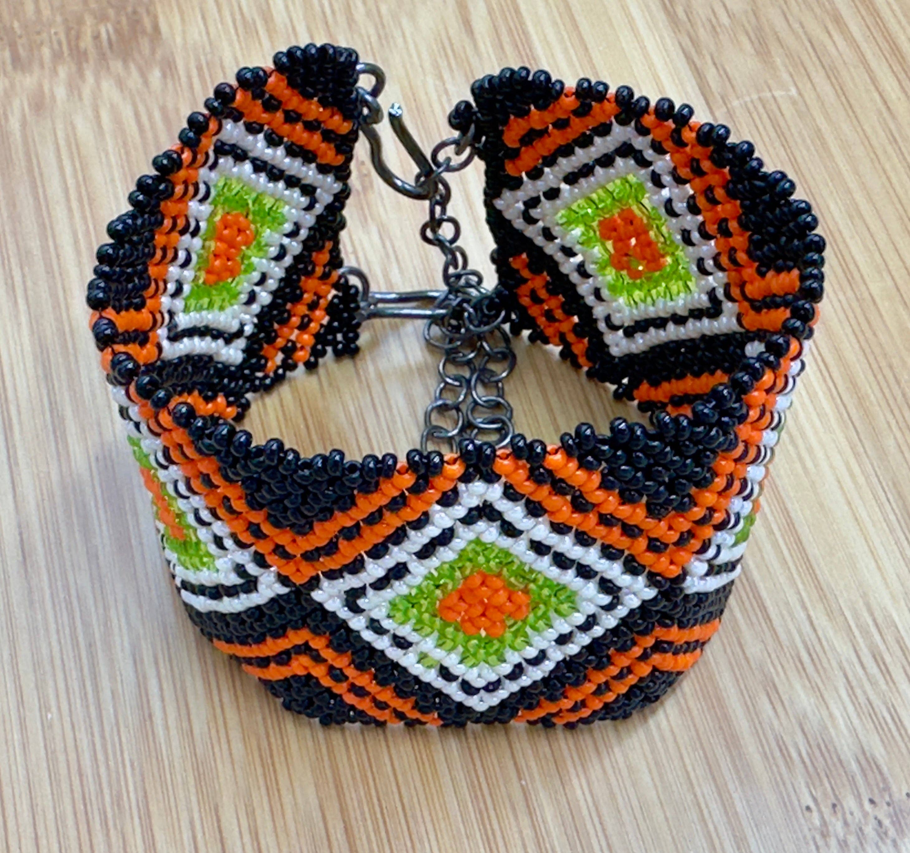 BEADS CORNER - Wholesale Cuff Bracelet - Handmade Geometric Beaded Cuff Bracelet – Black, Orange & Lime Green3