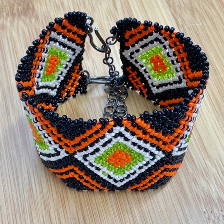 BEADS CORNER - Wholesale Cuff Bracelet - Handmade Geometric Beaded Cuff Bracelet – Black, Orange & Lime Green3