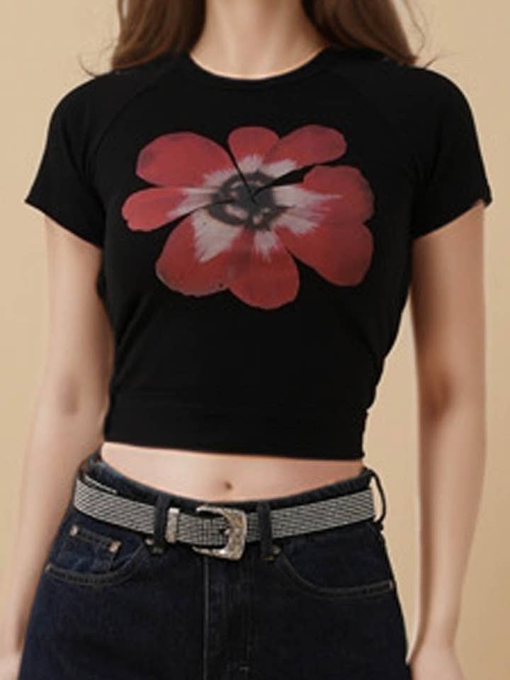 Ladies Flower Print String Tie T-Shirt Crop Top 8SKT5M72 for wholesale by Sweetkama