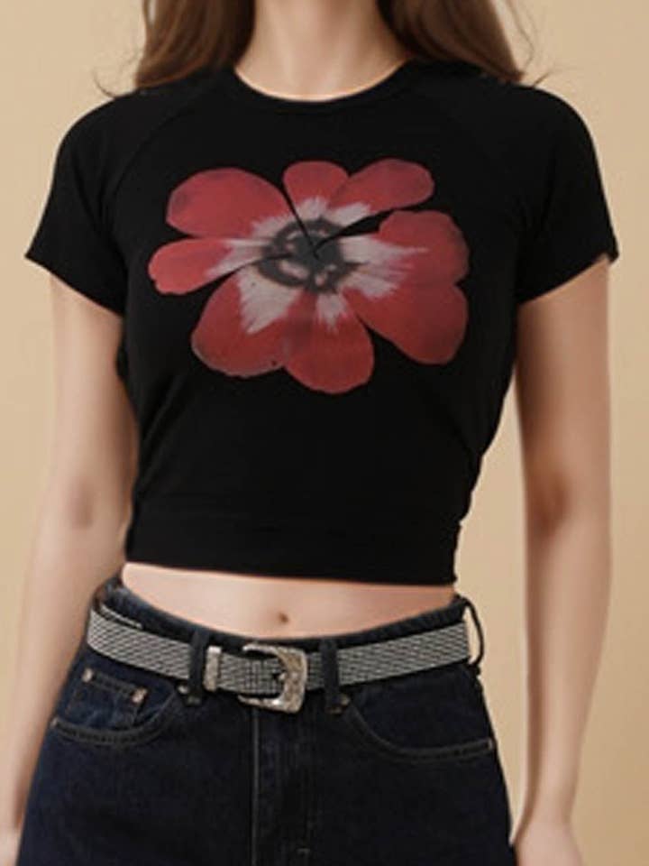 Ladies Flower Print String Tie T-Shirt Crop Top 8SKT5M72 for wholesale by Sweetkama