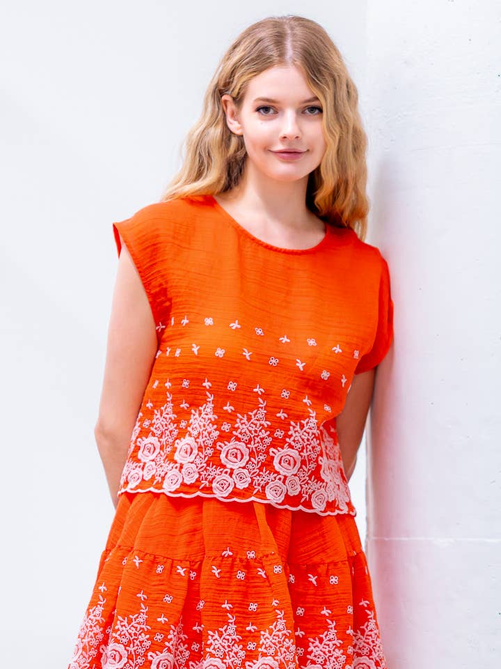 ST82433TS-LACED SCOOP NECK SCALLOP DETAILED TOP & BOTTOM SET for wholesale by Taelynn