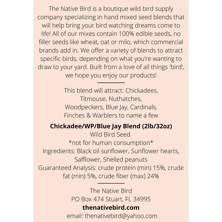 The Native Bird - Wholesale Bird Feeder - Chickadee/Woodpecker/Blue Jay Blend 2LB - Bird Seed2