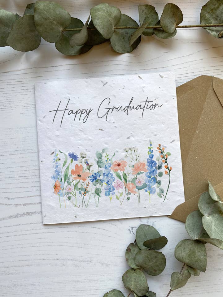 Seed Paper Graduation Card - Peach and Blue Flowers for wholesale by PoppyForrest