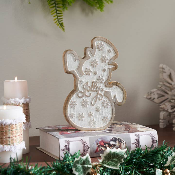 VHC Brands - Wholesale Decorative Tabletop Object - White Washed Jolly Natural Wooden Snowman 8x6x10