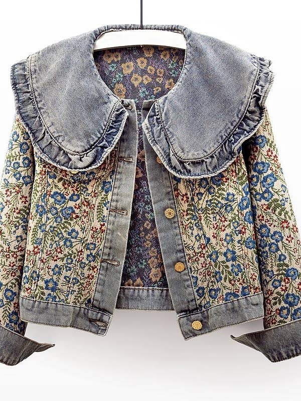 Floral Denim Jacket with Ruffle Collar for wholesale by AZSHOP Trading LLC