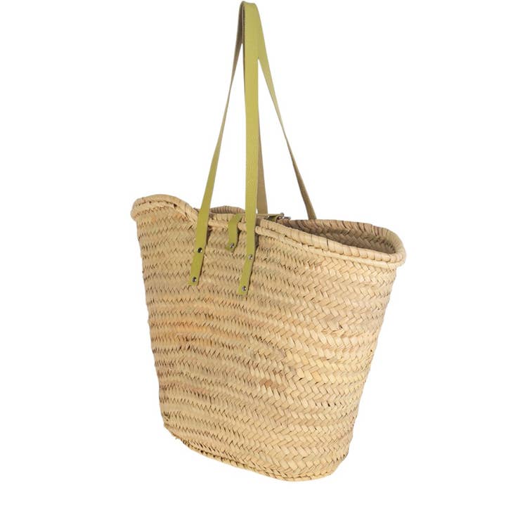 Kbas - Vente Sac de plage - PANIER EN PALME NATURELLE ET CUIR, COULEUR VERTE
