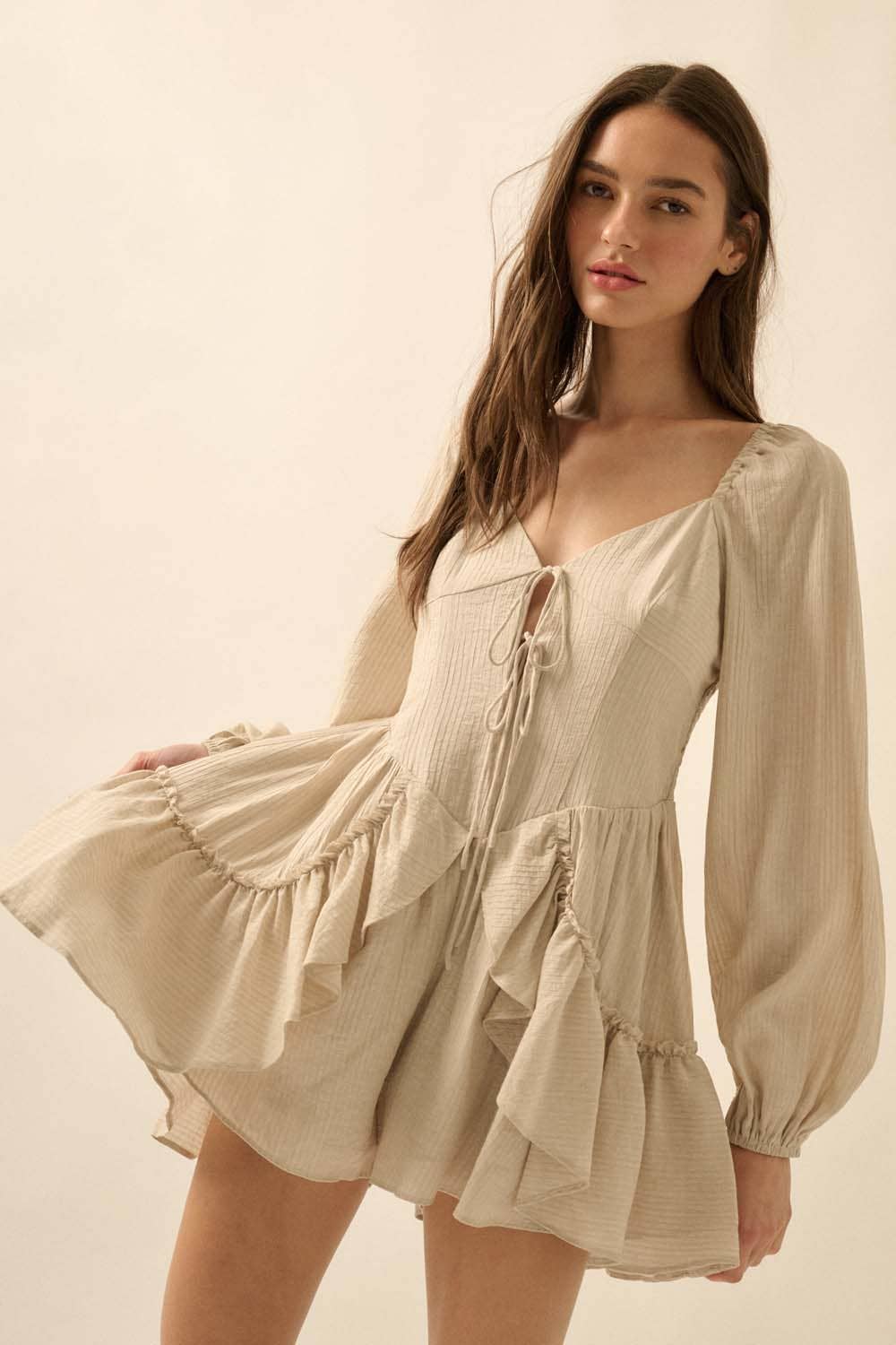 Promesa USA - Wholesale Romper - Women's - Tonal-Stripe Ruffled Tie-Front Peasant Romper21