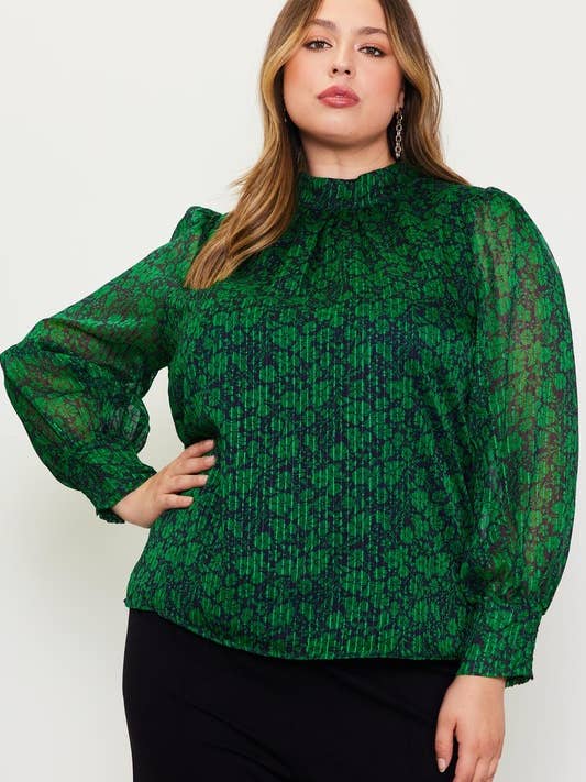 Plus size bluse med høj hals og lange ærmer i print for engroshandel hos SKIES ARE BLUE