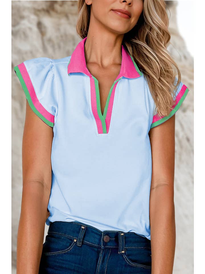 Aapparella - Wholesale Blouse - Women's - Colorblock Ruffle Sleeve V Neck Blouse | S-XL