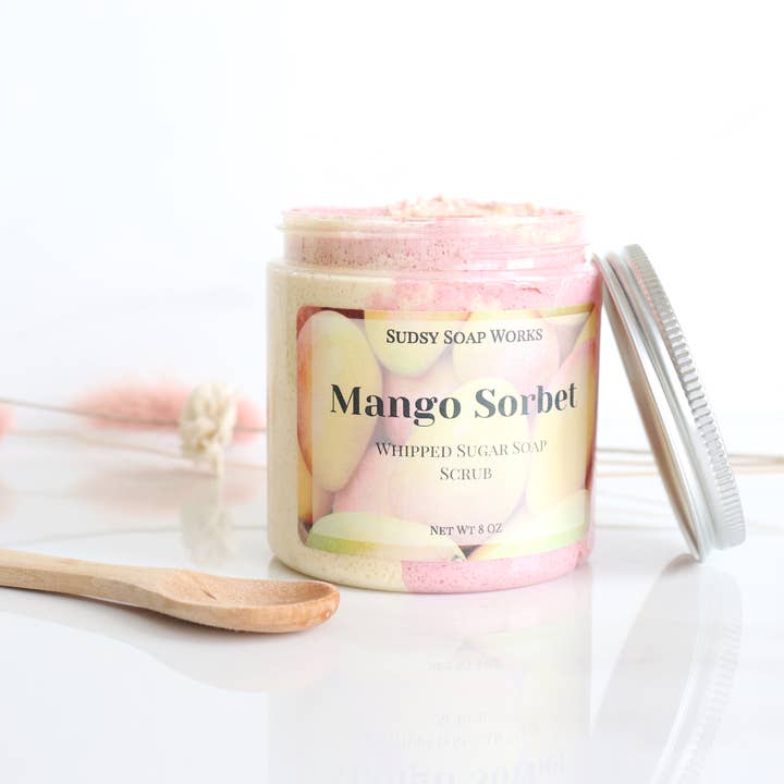 Mango Sorbet Whipped Sugar Scrub for wholesale by Sudsy Soap Works LLC