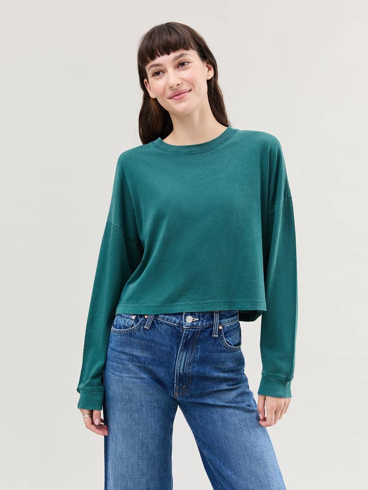 Womens Relaxed Crop Long Sleeve Tee - Pigment Dye Jersey - Rainforest for wholesale by Andie Swim