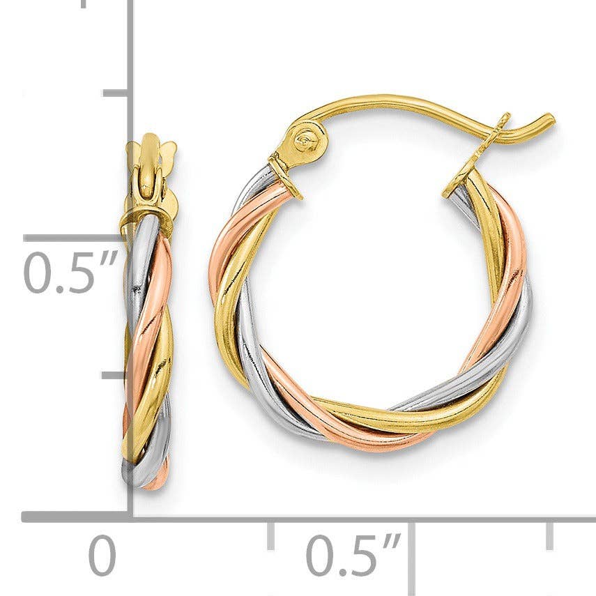 FCJ Jewelry LLC - Wholesale Hoop Earrings - 10k Gold Polished Tri-Color Lightweight Twisted Hoop Earring2