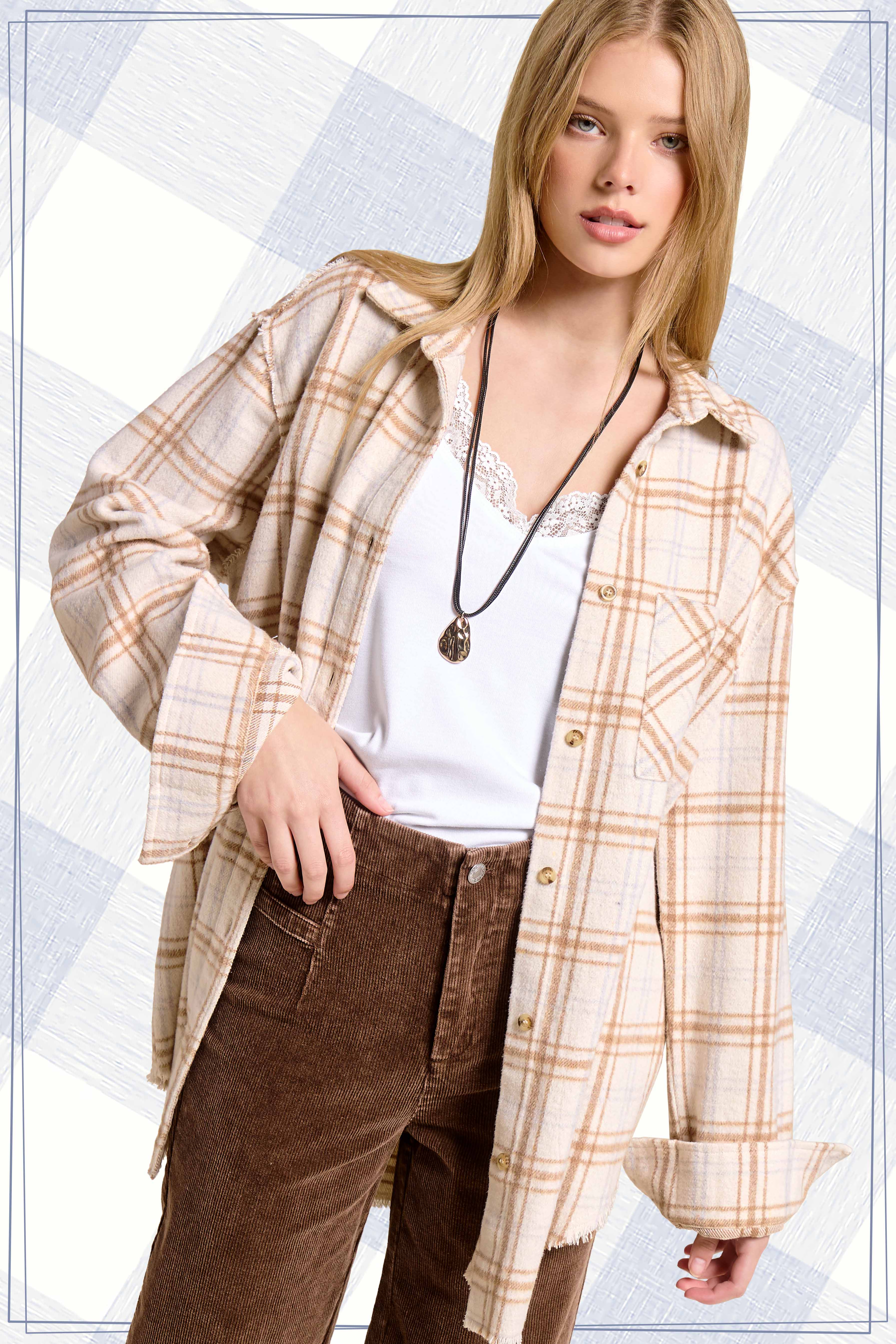 La Miel - Venta al por mayor Camisa con botones - Mujer - Camisas a cuadros de tela suave con botones lavados con minerales SRT1371-Mineral3