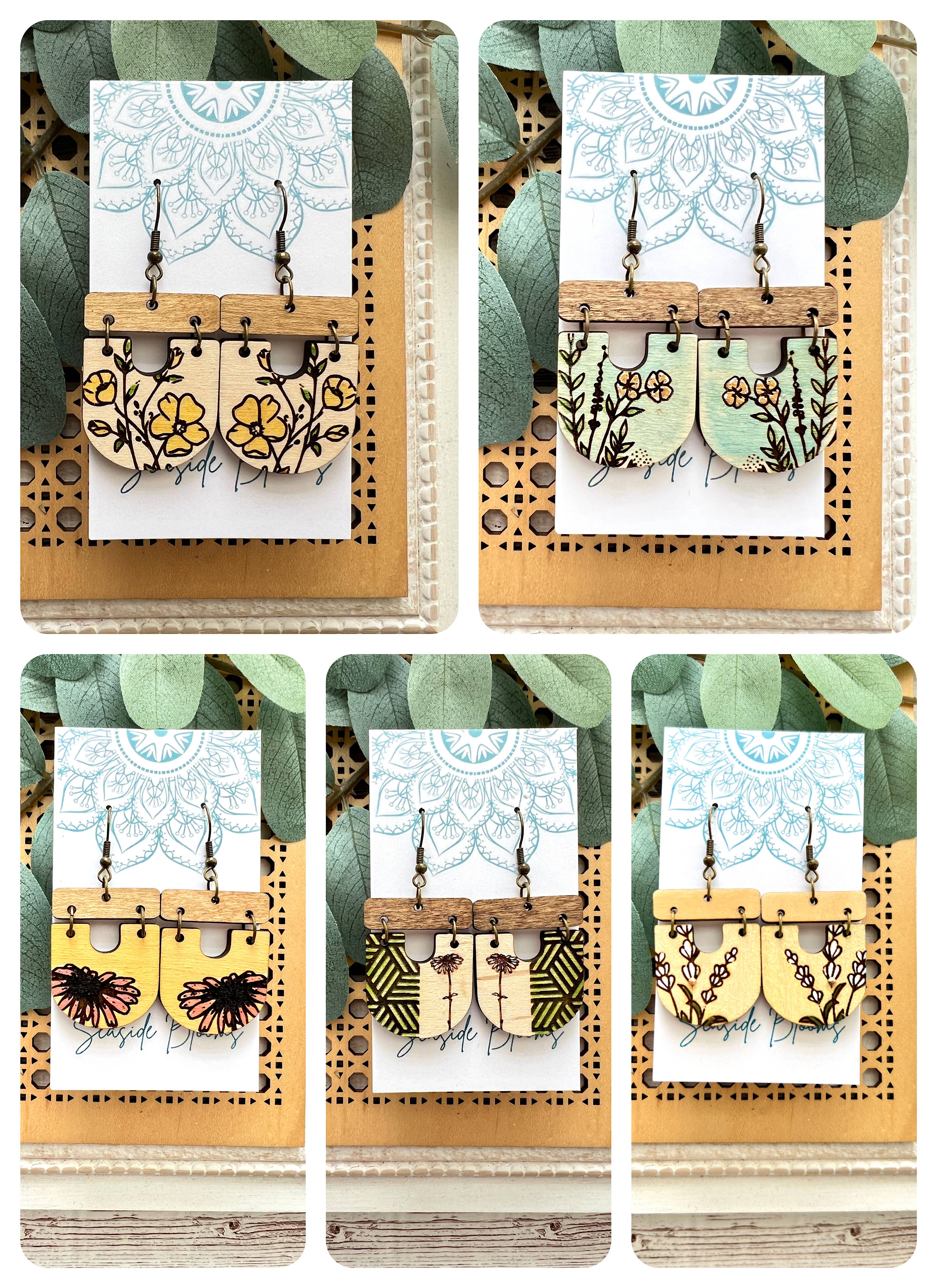 Seasideblooms - Venta al por mayor Pendientes colgantes - Pendientes bohemios de madera de arce con flores pintadas a mano, ligeros4