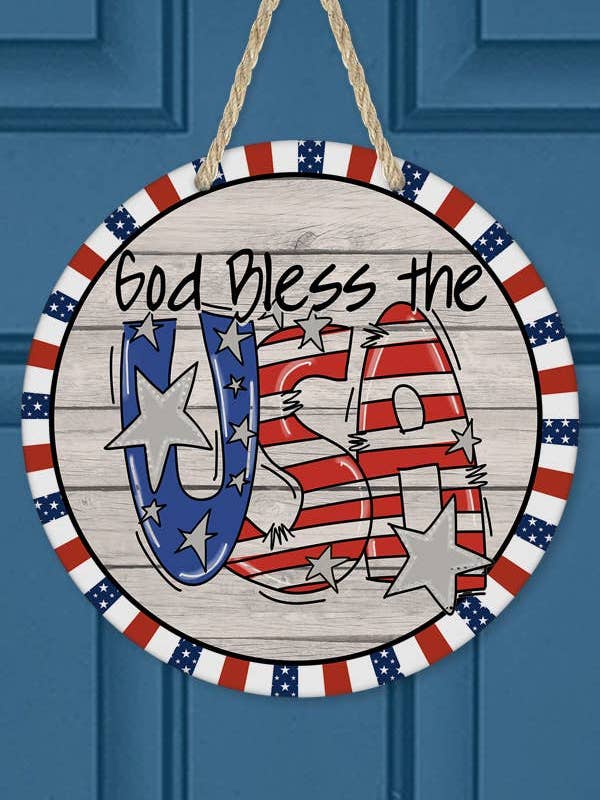 Patriotic Home Decor God Bless the USA Wall Sign Door Hanger for wholesale by Cali Boutique Wholesale