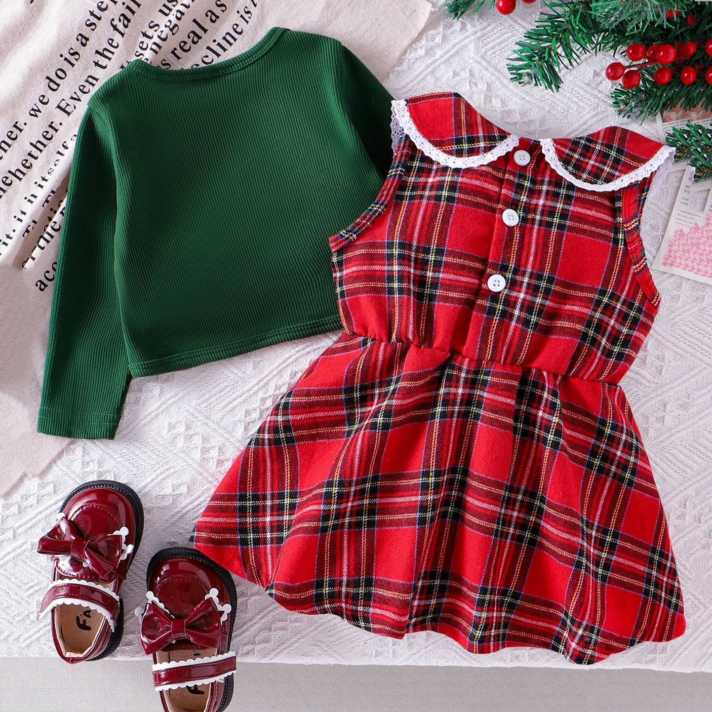 Fennco Styles – wholesale Dress set – Baby – Red Green Tartan Plaid Holiday Baby Dress and Cardigan2