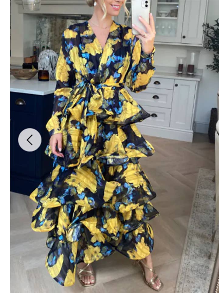 Floral Print Ruffl Multi Layer Hem design Maxi Dress for wholesale by CY FASHION. LONDON