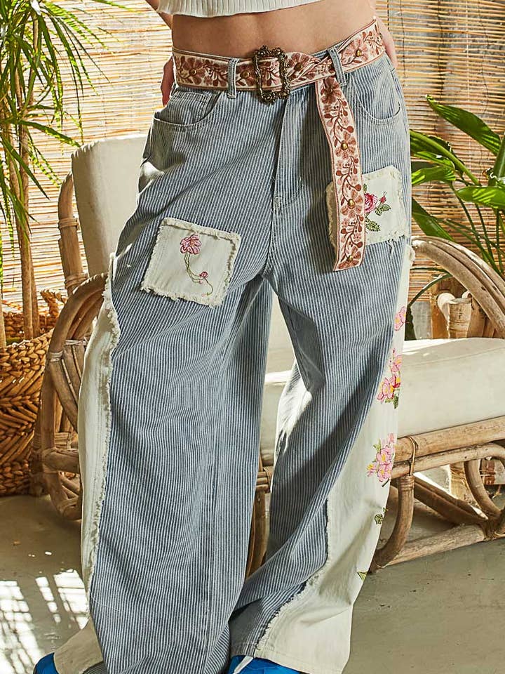 Vintage washed embroidered side stripe denim pants for wholesale by Pol Clothing