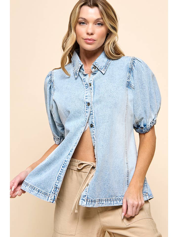 Light Blue Button Down Denim Top for wholesale on Faire6