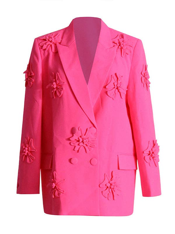 ginghamandposh - Wholesale Blazer - Women's - Flower-Embellished Solid Color Long Sleeve Blazer
