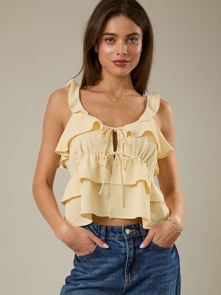 RUFFLED STRAPS FRONT TIES TIERED RUFFLE TOP for wholesale by Sunday Edition